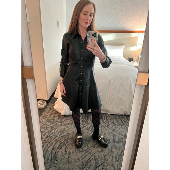 JASON WU Black Faux Leather Button Front Collared Pleated Mini Dress size 6 - Picture 4 of 13